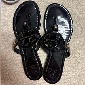 Tory Burch Glossy Black Patent Logo Sandals